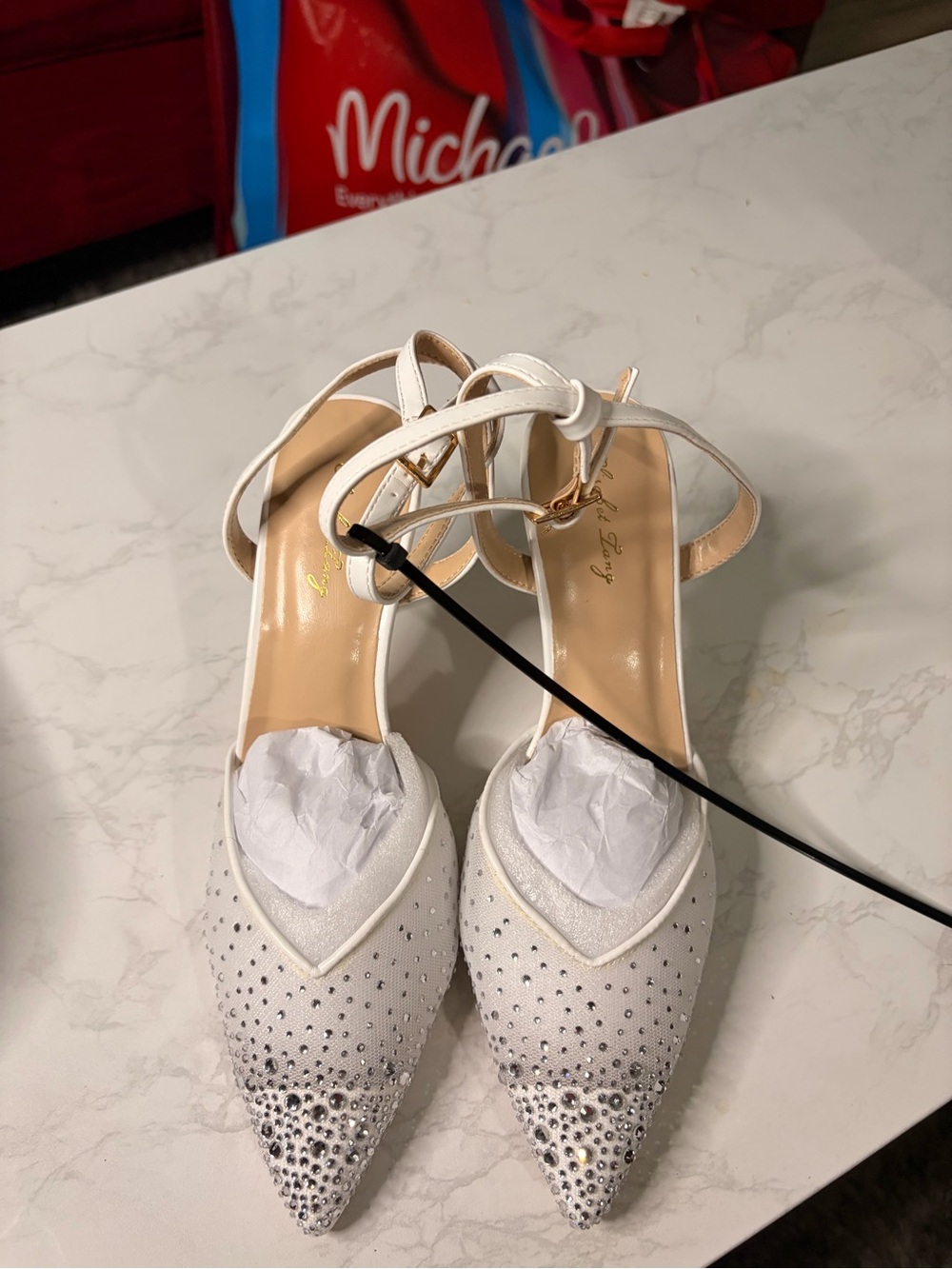 Pointed-Toe White Rhinestone Ankle-Strap Heels